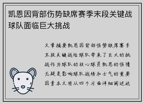 凯恩因背部伤势缺席赛季末段关键战球队面临巨大挑战