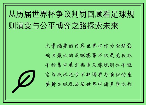 从历届世界杯争议判罚回顾看足球规则演变与公平博弈之路探索未来